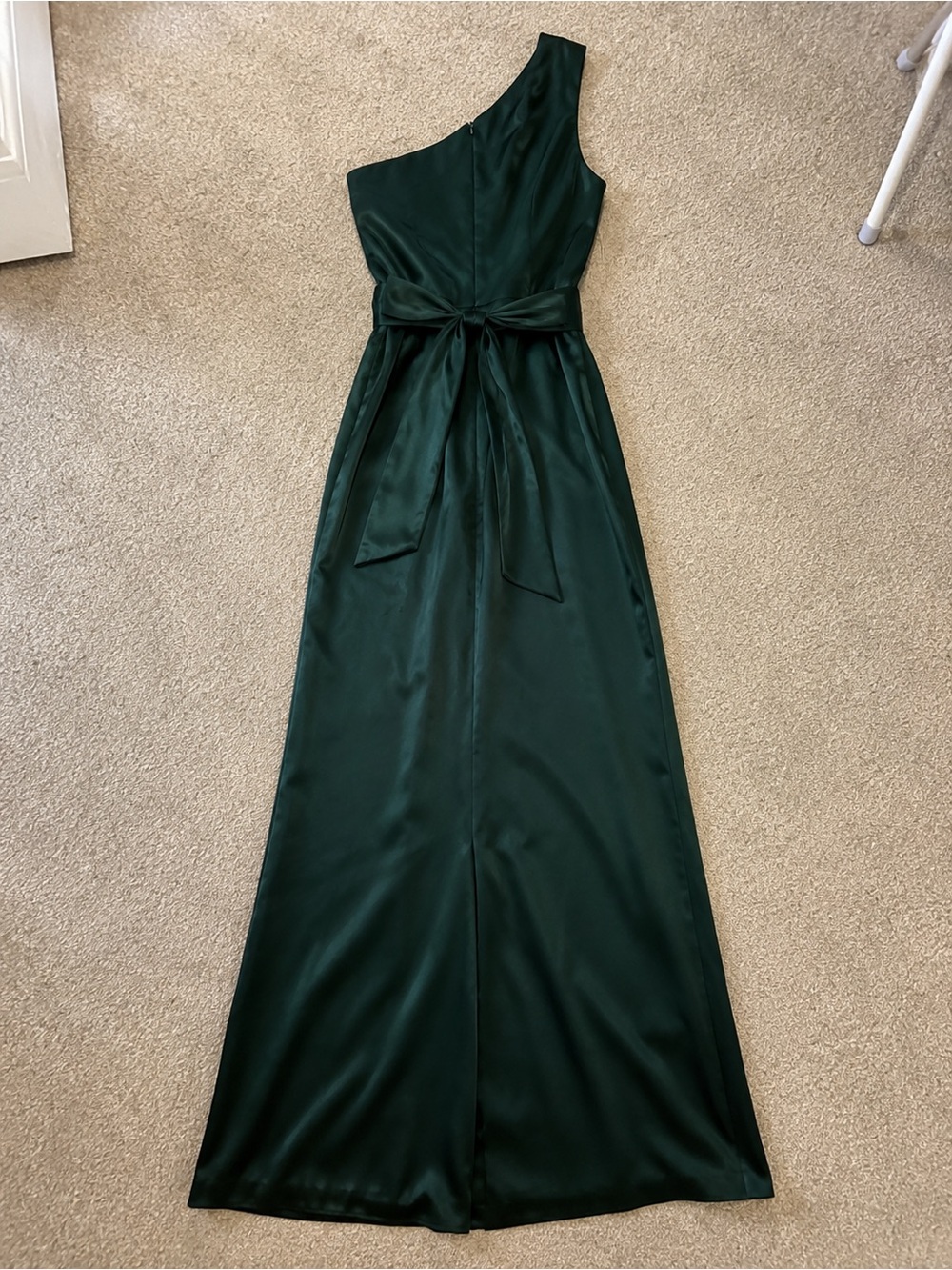 Cami NYC One-Shoulder Satin Gown in Deep Green with Waist Tie